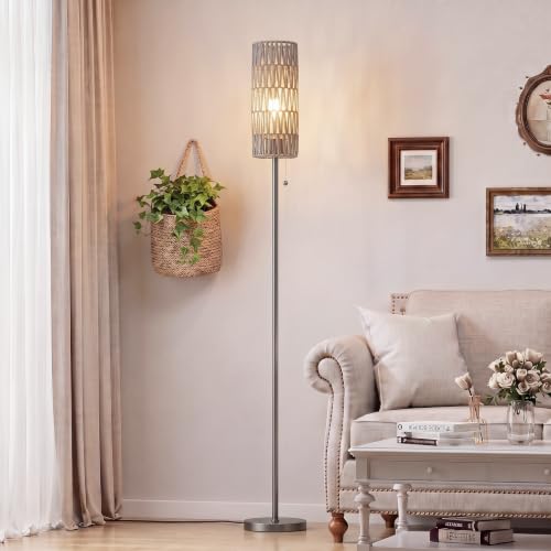 64" Floor Lamp with Bulb & Rattan Shade & Chain Switch, Grey | 3 Color Temperature,9W LED bulb,Boho Floor Lamp,Tall Pole Lamps,Living Room,Bedrooms,for Study,Office - color: Brume Grey Rattan, size: 64.56 inches 1PCS