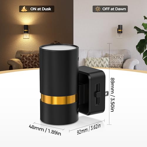 LED Night Light, 2 Pack, Dimmable Night Light Plug in | Black Cylinder Wall Sconce, Slide Brightness Adjustable with Dusk to Dawn Sensor, 3000K Warm White for Bedroom