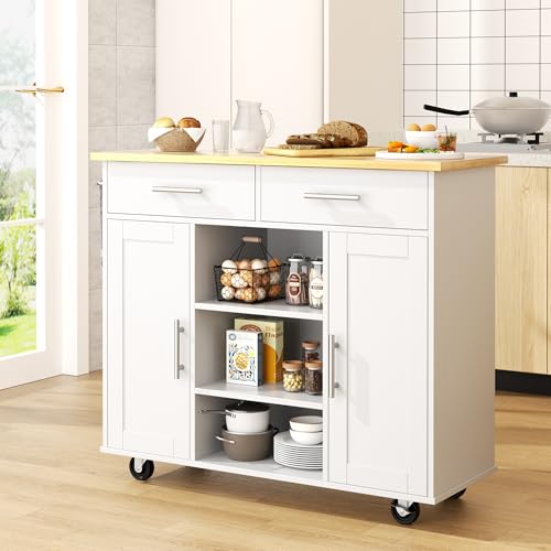 Shintenchi Kitchen Island with Storage, Kitchen Island Cart on Wheels with 3 Open Shelves, 2 Drawers and 2 Cabinets, Rolling Kitchen Table with Large Countertop, White - color: Green and White-26 Inch