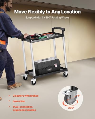VEVOR Utility Cart, 300 lbs Load Capacity, 2-Tier Utility Plastic Cart with 360° Swivel Wheels (2 with Brakes), 24.4 x 16.1-inch Food Service Cart for Warehouse, Office, Home, Restaurant, Kitchen - style: 2 Tier-300LBS