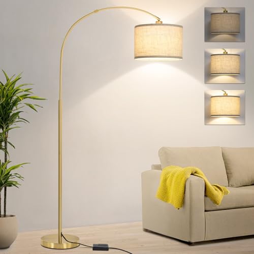 Gold Arc Floor Lamp with Dimmer, Dimmable Floor Lamp with Adjustable Head | Mordern Arched Standing Lamp, Tall Pole Reading Light for Living Room, Bedroom, Over Couch, Office, 9W LED Bulb Included - color: Gold