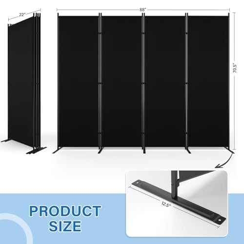 AKTOP 4 Panel Room Divider, 88"W x 6FT Fabric Folding Privacy Screen, Black | Portable Wall Divider for Room Separation, Non-See-Through Freestanding Screen with 13"W Base for Stability, Bedroom & Dorm - color: Black