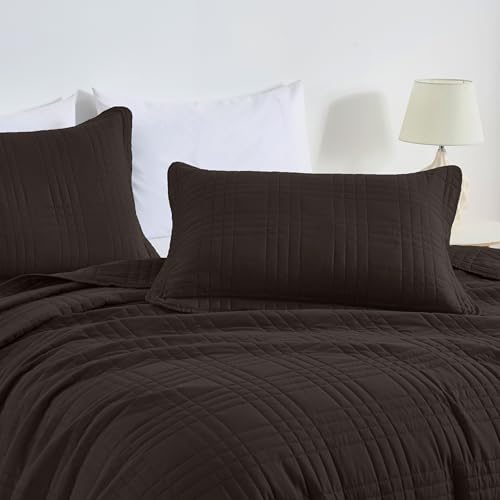 Chezmoi Collection Kingston Queen Size Bedspread Set, 3-Piece Brown Oversized Quilted Microfiber Lightweight Bedspread Coverlet (100"x106") for All Seasons - color: Brown, size: Queen
