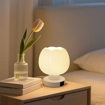 Touch Bedside Lamp wtih USB C+A Charging Ports,Tulip Flower Lamp | 3-Way Dimmable Lamp,Nightstand Lamp with Soft Light, Aesthetic Lamp with Wide Application