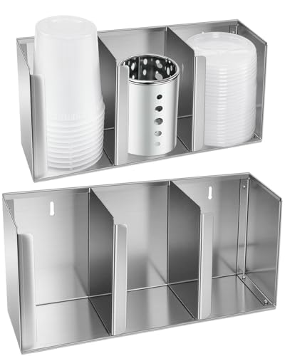 Stainless Steel Cup Dispenser,3 Compartments Cup Holder and Lid Holder with Adjustable Dividers,Cup Organizer for Kitchen Cabinets Cafe Shop Restaurant,Includes Straw Holder - size: 3 Compartments