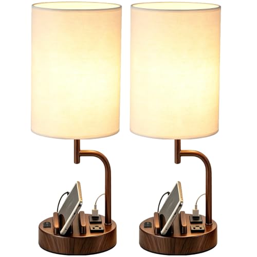 Dreamholder 2 Pack Table Lamp, Bedside Lamp with 3 USB Charging Ports & AC Outlet, USB Desk Lamp with 2 Phone Holders, Linen Fabric Shade Nightstand Lamps for Bedroom Living Room Office, Walnut - color: Walnut