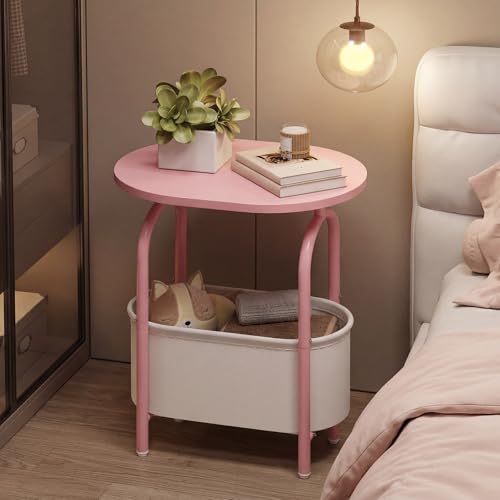 Small Round Side Table with Fabric Basket Storage, Oval End Table for Small Spaces, Modern Coffee Bedside Table, Couch Side Table for Living Room, 15.7" X 11.8" X 24", Pink and White 8601BZPK - color: Pink