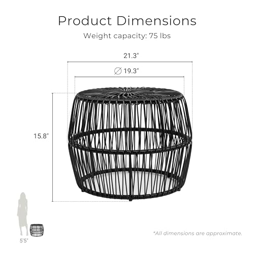 Furniture of America Ysar Boho Rattan Round Coffee Table Outdoor with Metal Frame, All-Weather and Rust Resistant, Handcrafted Coastal Furniture for Patio, Poolside, Garden, Yard, Black - color: Black/18.9 In.