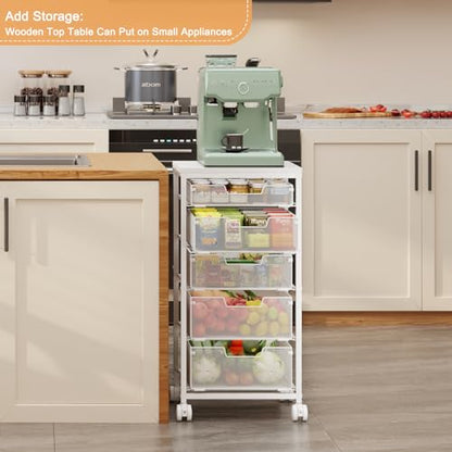 Kitchen Storage Cart with Wheels, 5-Tier Fruit Vegetable Storage Cart, Kitchen Organizer and Storage Cart with Drawers, Wooden Top Metal Wire Pantry Storage Cart for Fruit Snack Onion Potato, White - size: 5-Tier White