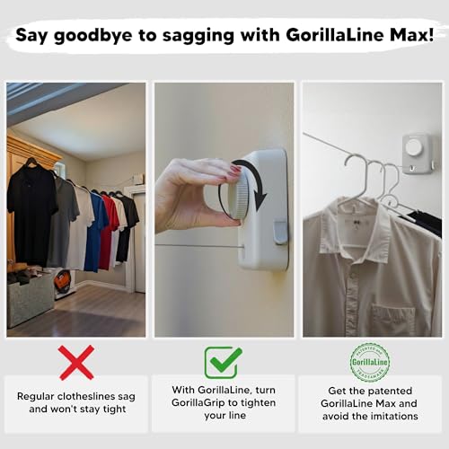 Max – Retractable Clothesline Indoor Outdoor, Non-Sagging Heavy Duty Clothes Drying Line, Wall Mounted Drying Rack, Air Dry Clothing, Max Tighten with GorillaGrip - style: Light Gray - Upgraded Model
