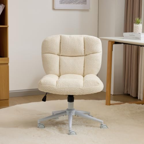 VINGLI Cute Armless Small Vanity Chair w/Plush Cushion &Fluffy Backrest, Comfy Swivel Chenille Office Desk Chair with 360° Wheels, Height Adjustable Makeup Chair for Bedroom&Dressing Room,Beige White - color: Beige White