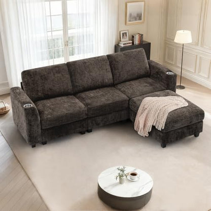 87" Chenille 3 Seater Couch with Soft Ottoman, Brown | L-Shape Sectional Sofa with Durable Cup Holders, Upholstered Sofa with Comfy Backrests for Living Room, House - color: Brown, size: 87" L-Shape