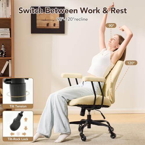YFO Home Office Desk Chair Office Rubber Casters Ergonomic Computer Chair with Lumbar Support Adjustable Height Rolling Swivel Executive Task Armrests Chair， Cream Leather - color: Cream, size: Mid Back