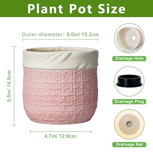 6 Inch Plant Pot - Ceramic Planter for Indoor Outdoor Plants, Round Decorative Planter with Drainage Hole and Plug, Boho Plant Pots, House Room Garden Decor, Plant Lover Gifts, Pink - color: Pink, size: 6 Inch
