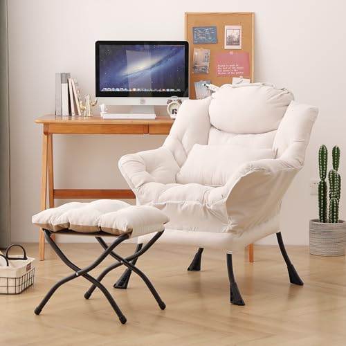 Lazy Chair with Ottoman, Reading Chair with Lumbar Pillow，Beige | Comfy Accent Lounge Chair with Pillow & folding Foot Stool, sturdy metal frame for bedroom, dorm or apartment, Living Room - color: Beige