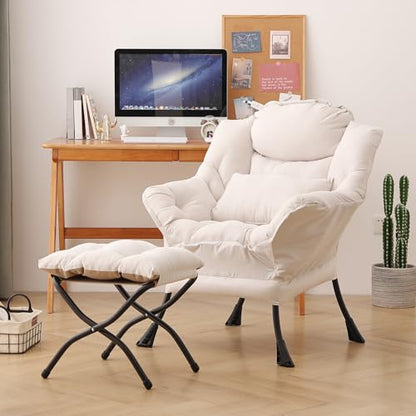 Lazy Chair with Ottoman, Reading Chair with Lumbar Pillow，Beige | Comfy Accent Lounge Chair with Pillow & folding Foot Stool, sturdy metal frame for bedroom, dorm or apartment, Living Room - color: Beige