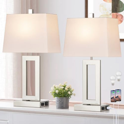 Silver Bedside Table Lamp Set of 2,Nightstand Lamps with USB Ports | Lamps with USB C+A Ports,AC Outlet,23.5 In Modern Metal Lamp for Bedroom Living Room End table,ON/OFF Push Button,NO dimming - color: Silver-Base