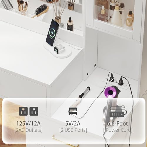 TOKSOM 51" Vanity Desk with Mirror and Lights & Charging Station, Bedroom Dressing Table, Large Vanity Set, 6 Drawers and 2 Cabinets, Makeup Vanity Table with Charging Station, Without Stool - size: 51 inch, style: Modern White