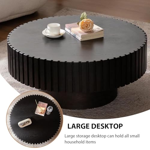 Round Fluted Drum Coffee Table with Pedestal Base | 31.5'' Modern Black Wooden Drum Center Table, Handcrafted Solid Wood Fluted Edge, For Living Room & Apartment - color: Round Black
