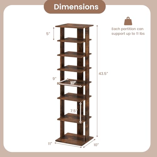 Tangkula 8-Tier Vertical Shoe Rack, Space-Saving Corner Shoe Organizer for 7 Pairs, Narrow Shoe Storage for Entryway, Front Door, or Closet - color: Rustic Brown, size: 10" x 11" x 43.5"