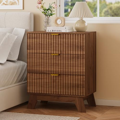 Fluted Nightstand with 3 Large Drawers, Wooden Side End Table with Elevated Legs for Easy Cleaning, Sturdy Modern Beside Table for Small Space, Bedroom, Walnut, 24" L - color: Walnut