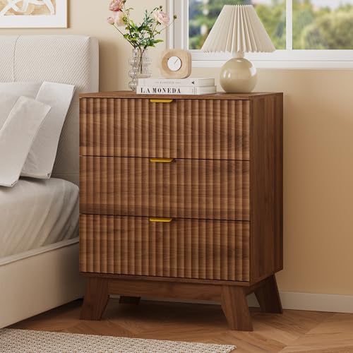 Fluted Nightstand with 3 Large Drawers, Wooden Side End Table with Elevated Legs for Easy Cleaning, Sturdy Modern Beside Table for Small Space, Bedroom, Walnut, 24" L - color: Walnut