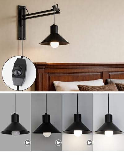 Plug in Wall Sconces, Swing Arm Wall Lamp with Dimmable Switch, Wall Sconce with Plug in Cord for Bedside Bedroom Nightstand Reading