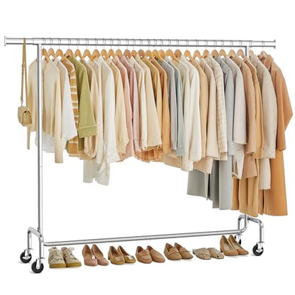 SONGMICS Clothes Rack with Wheels, Heavy-Duty Garment Rack with Extendable Hanging Rod, 243 lb Load Capacity, 17.7 x (63-78.7) x 64.1 Inches, Chrome-Plated, Silver UHSR176E01 - color: Silver, size: (63"-78.7")W