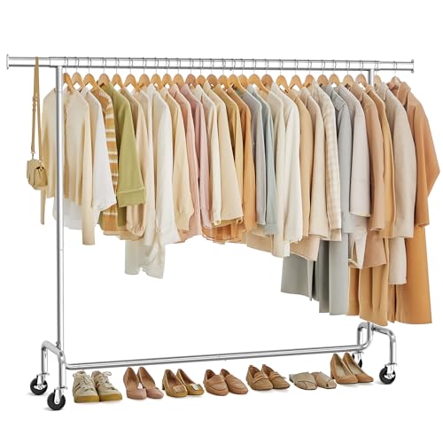 SONGMICS Clothes Rack with Wheels, Heavy-Duty Garment Rack with Extendable Hanging Rod, 243 lb Load Capacity, 17.7 x (63-78.7) x 64.1 Inches, Chrome-Plated, Silver UHSR176E01 - color: Silver, size: (63"-78.7")W