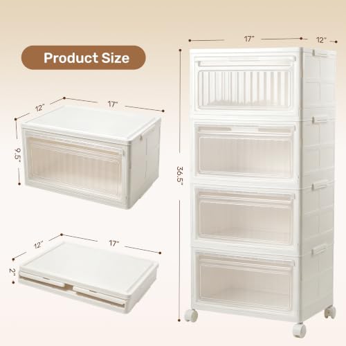 4 Tier Stackable Storage Bins with Lid and Wheels, 32QT Closet Organizers | Plastic Storage Containers with Doors, 4-Pack Collapsible Organizer Box for Bedroom Dorm Office and Garage