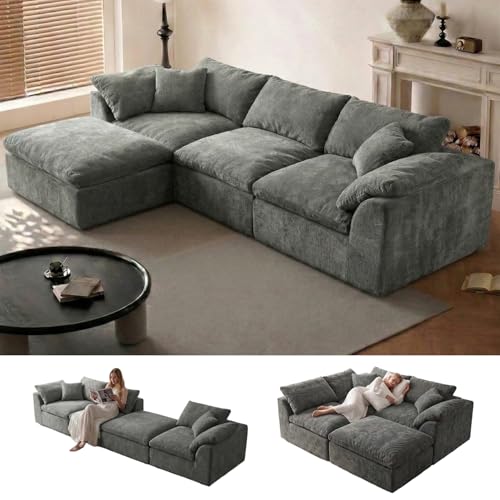 Cloud Couch Sectional for Living Room, Modular L Shaped Boneless Sofa with Chaise, Compressed No Assembly Couch, Deep Seat Chenille Upholstered Convertible Sofa Bed (Grey) - color: Grey