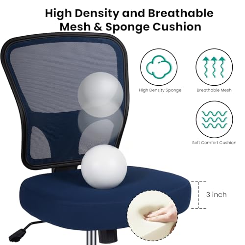 Armless Drafting Chair Tall Office Chair for Standing Desk - Adjustable Height Mesh Ergonomic Drafting Stool with Foot Ring & Wheels, Rolling Counter Height Computer Chair for Home Office - color: Deep Blue