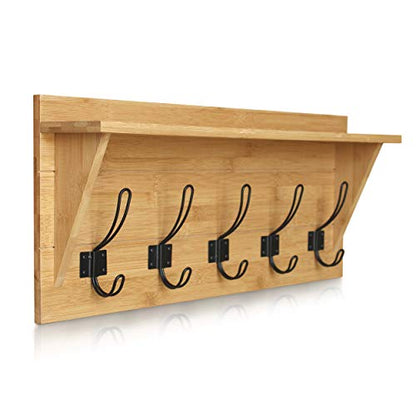 HBCY Creations Rustic Wall Mounted Coat Rack with Shelf - Solid Wood 24" Entryway Shelf with 5 Coat Hangers. Perfect Touch for Your Entryway, Mudroom, Kitchen, Bathroom and More, Bamboo - color: 4- Bamboo