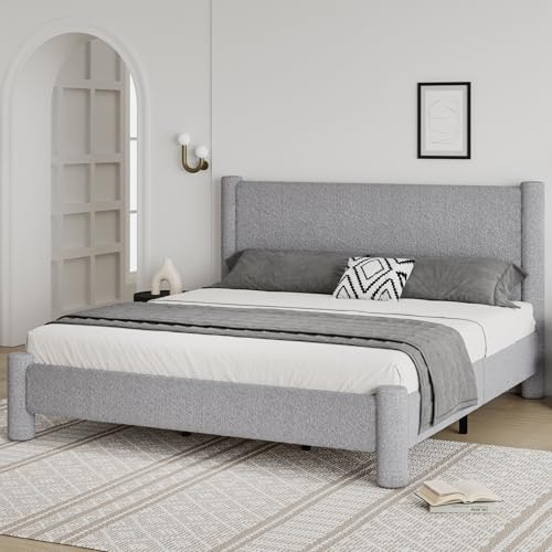 REVOMINCA King Boucle Bed Frame with Headboard & Footboard, Light Grey | Upholstered platform frame has soft rounded corners, needs no box spring, and features easy assembly. - color: Grey, size: King