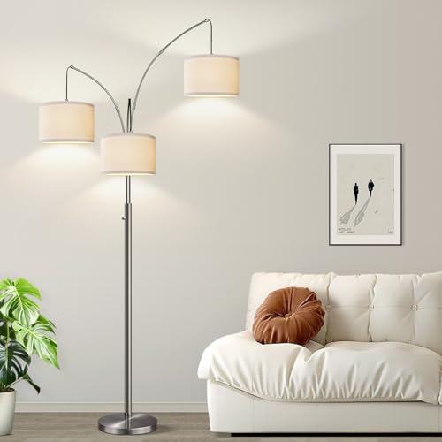 Dimmable Floor Lamp, 3 Lights Sliver Arc Floor Lamp, Modern Tall Standing Tree Lamp with White Linen Shades & Heavy Base, 3000LM LED Bulbs, Bright Lighting for Living Room, Bedroom, Office & Reading - color: Brushed Nickel-White Shade