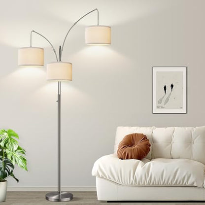 Dimmable Floor Lamp, 3 Lights Sliver Arc Floor Lamp, Modern Tall Standing Tree Lamp with White Linen Shades & Heavy Base, 3000LM LED Bulbs, Bright Lighting for Living Room, Bedroom, Office & Reading - color: Brushed Nickel-White Shade