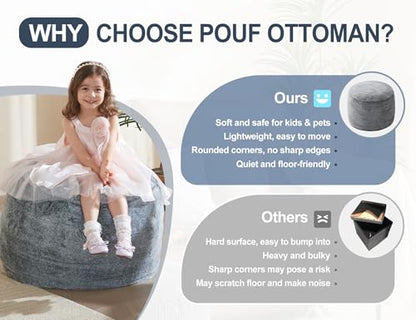 WSOFRLAC Boho Ottoman Living Room Furniture 26"x18", Large Round Ottomans Pouf Couch Foot Rest Grey Pouf Ottoman Foot Rest with Foam Chunk Filling Pouffe Ottomans Stuffed Foot Rest Poufs for Couch - color: Light Grey, size: 26"D x 26"W x 18"H