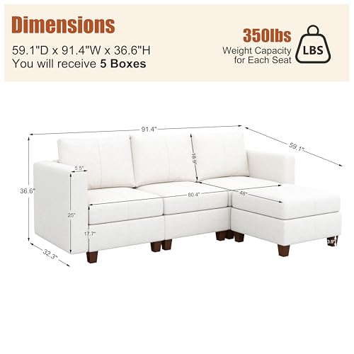 MINCETA Modular Sectional Sofa, Modern Comfy Sofa with Upholstered and Storage Ottoman for Living Room,Bedroom(White, 4 Seat L Shape) - color: White, size: 91.4"W*59.1"D L Shape