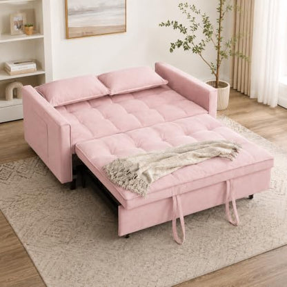 55" Pull Out Sleeper Sofa, Velvet Loveseat with Side Pockets,Pink | Velvet upholstery, 5-level adjustable back, Pull-out bed design, Sturdy frame with side pockets - color: Pink
