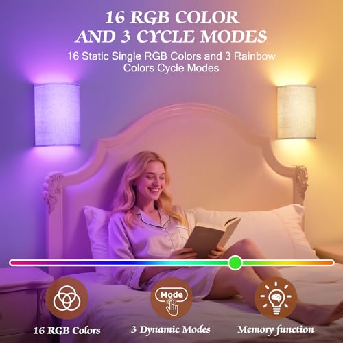 OCATO Battery Operated Wall Sconce Wireless Wall Sconces Set of Two | Rechargeable Magnetic Bulb Wall Lights Lamp Dimmable Timer with 16 RGB Fabric Linen Shade with Remote for Bedroom Living Room - color: Off-White