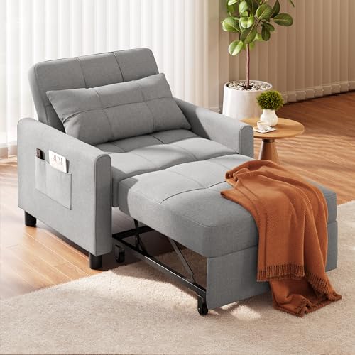 Sleeper Sofa Chair Bed, Convertible Sofa Chair 3-in-1, Gray | Adjustable Sleeper Chair Pullout Sofa Bed with Modern Linen Fabric for Living Room/Apartment - color: Light Gray