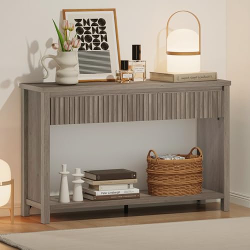 Console Table with Storage, 47In Entryway Table with Drawers, Grey Couch Tables Behind Sofa, Narrow Sofa Tables with 2-Tier Shelf for Living Room, Hallway, Front Door, Greige Oak - color: Greige Oak