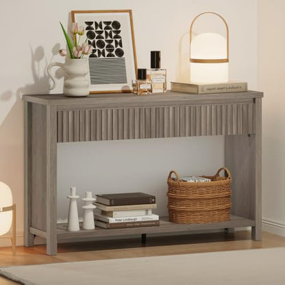 Console Table with Storage, 47In Entryway Table with Drawers, Grey Couch Tables Behind Sofa, Narrow Sofa Tables with 2-Tier Shelf for Living Room, Hallway, Front Door, Greige Oak - color: Greige Oak