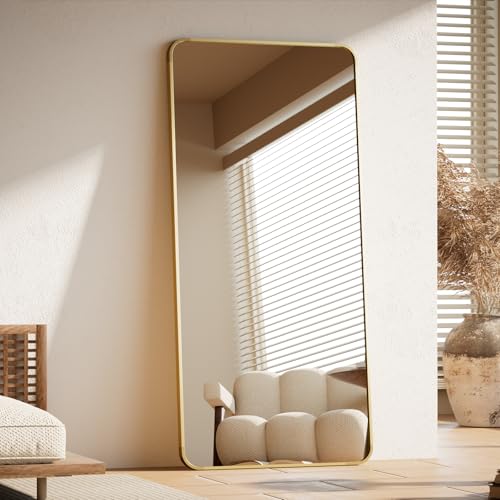 BEAUTYPEAK 71" x 26" Rounded Corner Full Length Mirror with Stand, Gold | Aluminum Alloy Frame with Standing, Leaning, or Wall-Mounted, Ideal for Bedroom, Dressing Room, Entryway, and Living Room - color: Gold, size: 71"L x 26"W