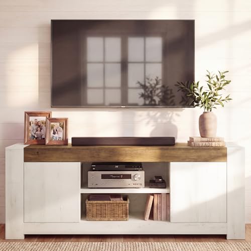 VASAGLE TV Stand, Farmhouse Entertainment Center with Storage Cabinets | Media Console Table for Living Room, Bedroom, for 65 Inch TV, Rustic White and Honey Brown ULTV623W201S - color: Rustic White + Honey Brown, size: 58"L