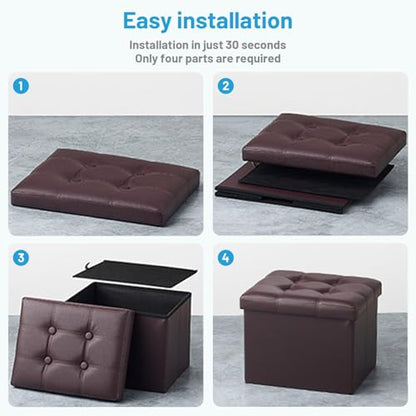 Bsketa Storage Ottoman Bench,16 Inch Folding Leather Foot Rest Stool, Brown | Small Ottoman with Side Pockets, Thicker Foam Padded Seat, Livingroom, Dorm, Bedroom, Easy to install, 38L,16x12x12in - color: Brown-with Side Pockets..