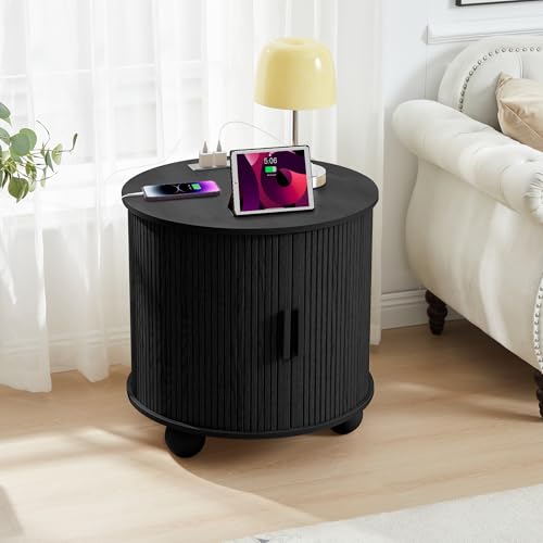 24" Round End Table with Charging Station, Fluted Side Table, Black | Farmhouse Sofa Side Tables Living Room, Mid-Century Wood Nightstand with Sliding Tambour Door & Storage, Round End Table - color: Black