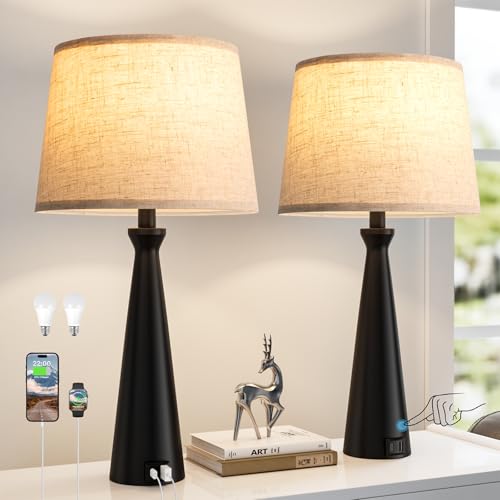 Modern Touch Lamps for Nightstand, 3 Way Dimmable Bedroom Lamp Set of 2 | USB C+A Charging Ports, Black Bedside Lamps for Bedroom, Living Room, End Table, Bed Side, LED Bulb Included - color: E. Black Base-Beige Shade
