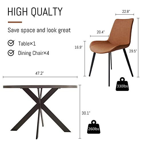 Zerifevni 47" Round Dining Table Set, Mid Century Modern Round Dining Table for 4-6 Person, Steel Legs, Leisure Coffee Table for Kitchen Dining Room, Save Space - color: 1 X Table 4 Brown Chairs