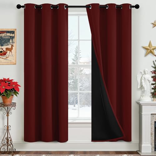 Yakamok Burgundy Red Blackout Curtains 72 inches Long for Bedroom 38" Wide | Thermal Insulated Window Treatment Total Blocking Panels with Black Liner for Living Room/Dining Room Grommet Top 2 Panels - color: Burgundy Red, size: 38"W x 72"L (Pack of 2)